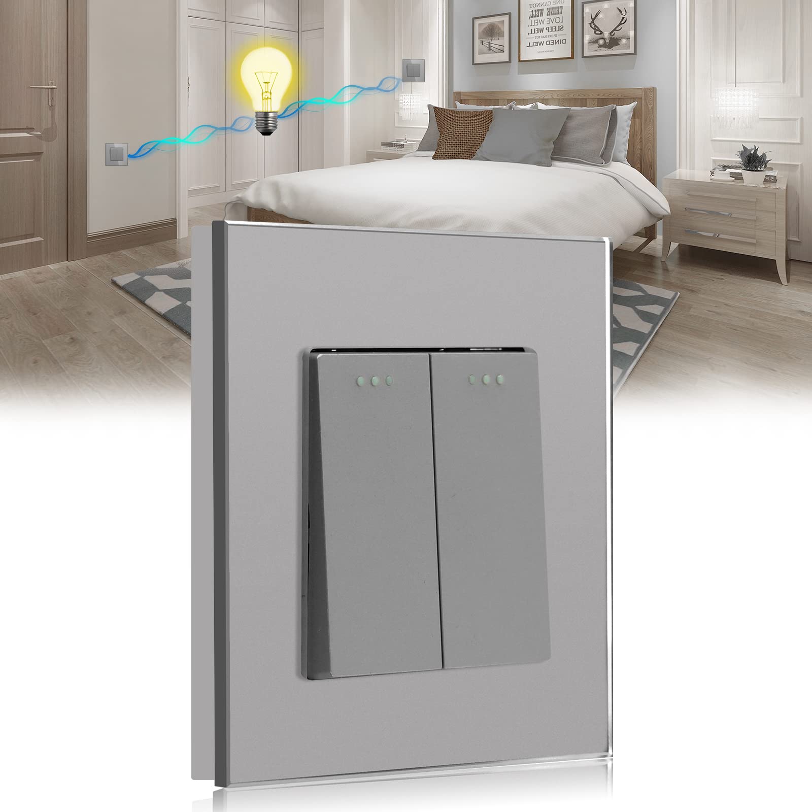 BSEED Lichtschalter 2 Fach 2 Wege Glas Lichtschalter Unterputz Taste Schalter Wechselschalter Grau Kristall Kippschalter