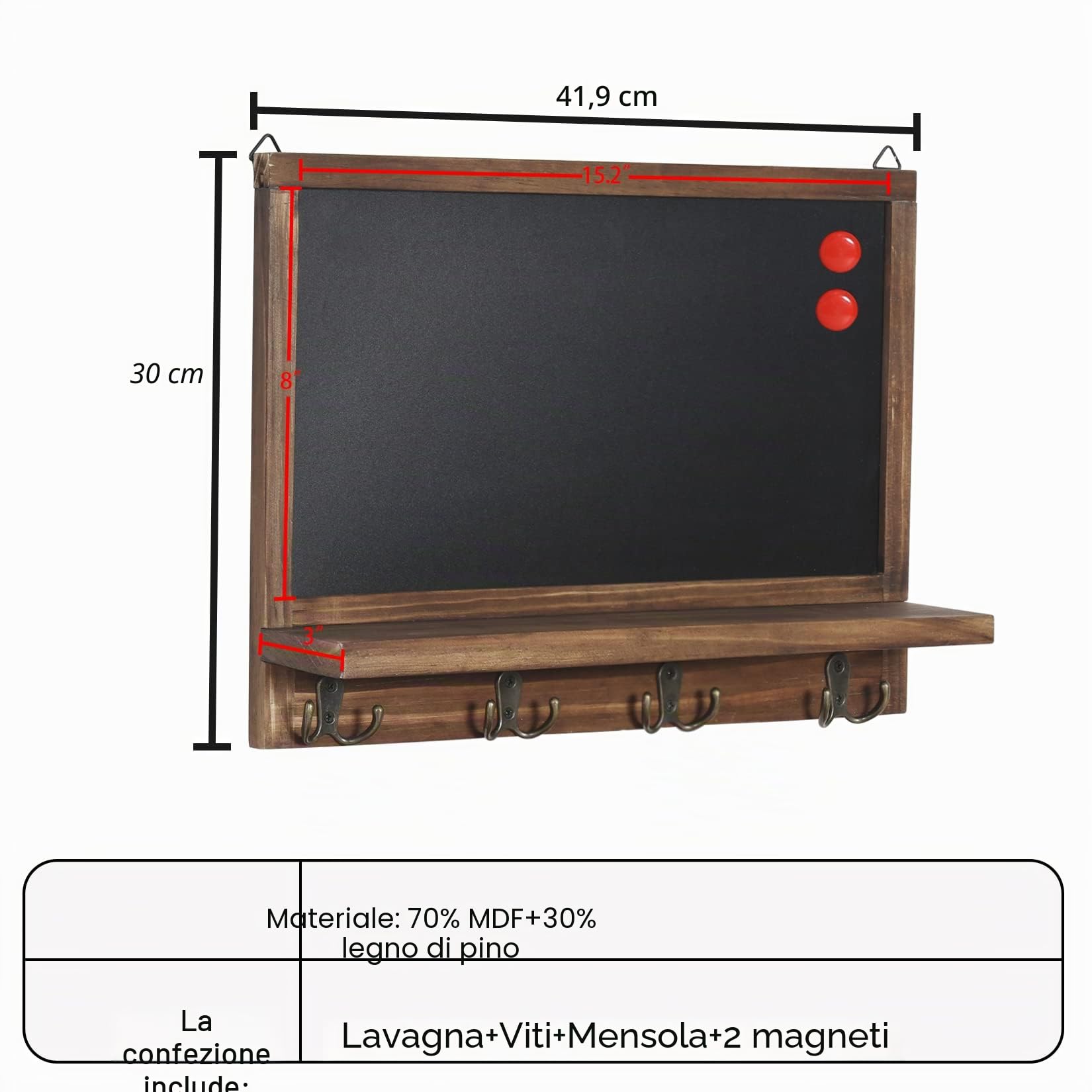 UNHO Lavagna da parete con ganci, 42 x 30 cm, lavagna da cucina, bacheca per messaggi di famiglia, cornice rustica, in legno, con ripiano e 4 ganci in metallo per chiavi, cappelli, cappotti