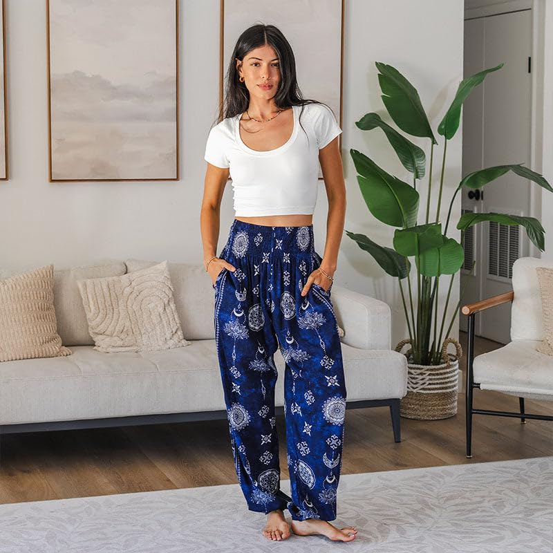 Image of Lotus and Luna Women's Harem Pants Thai Pants for Beach & Lounge High Waisted Flowy Boho Pants Genie Pants Yoga Pants
