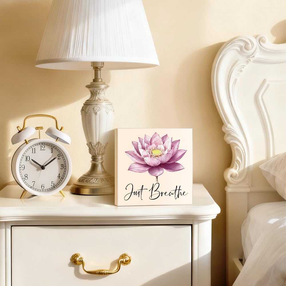 Just Breathe Inspirational Wood Block Plaque Box Sign for Home Living Room Coffee House Bar Shelf Table Decoration, Lotus Flower Meditation Art Decor Gifts for Women Friends Yoga Teacher - Image 4