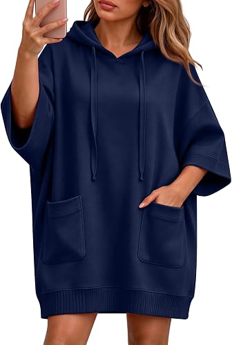 Sweatshirt Dress Women Oversize Tunic Hoodie Dress 3/4 Sleeve With Pockets