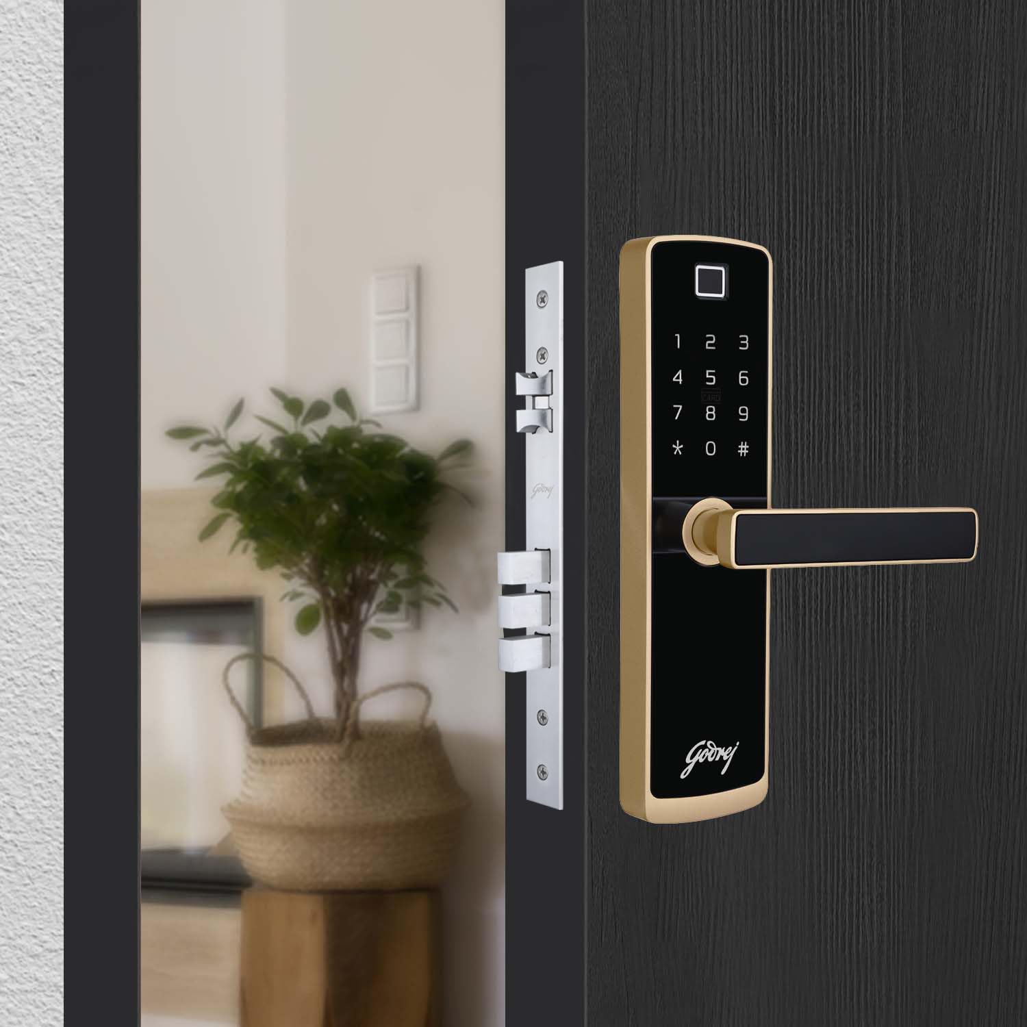 Product image of Godrej Smart Lock I Catus Connect I Digital Lock for Wooden Door | 5 in 1 Access I WiFi I Fingerprint I RFID Card I PIN Access I Mechanical Key I 3 Strong Locking Dead Bolts I Champagne Gold