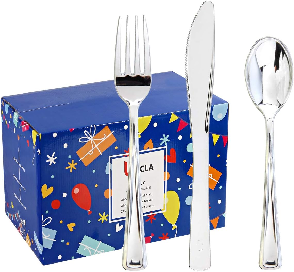 BUCLA 600 Pieces Silver Plastic Silverware - Plastic Silver Cutlery - Heavyweight Disposable Flatware set- 200 Forks, 200 Spoons, 200 Knives