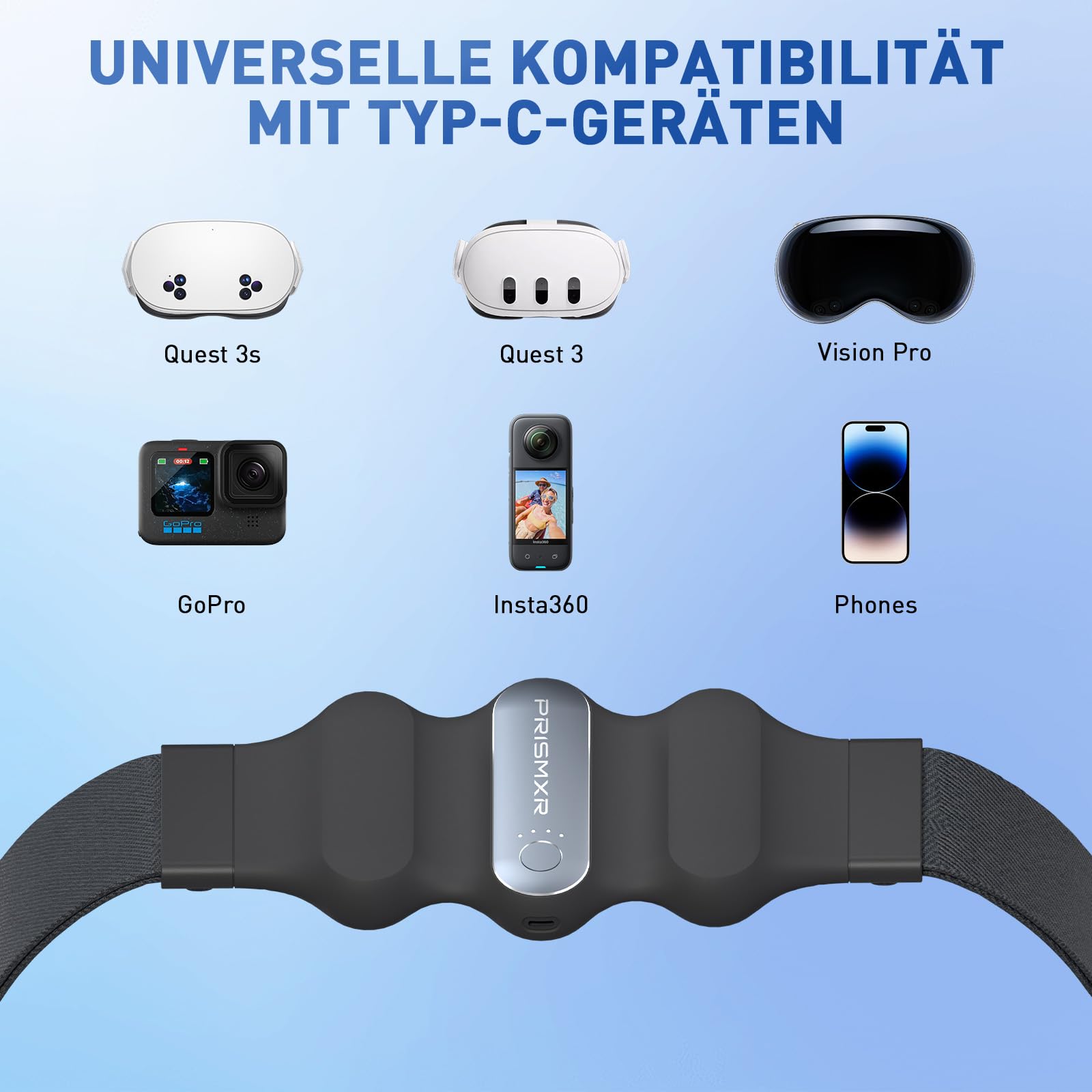 PRISMXR Tragbare Powerbank Akkupack kompatibel mit Meta Quest 3/3S/2, Pico 4 Ultra und andere VR Zubehör, 30W Ausgang Schnellladen, Typ C zu C 10,000mAh Akkupack (Carina W1, Grau)