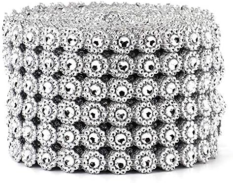 Bestenrose Rhinestone Flower Diamond Mesh Wrap Roll Faux Crystal Rhinestone Ribbon for Wedding Birthday Decorations Arts Crafts 6 Rows 10 Yard/Roll (Silver)