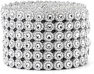 Bestenrose Rhinestone Flower Diamond Mesh Wrap Roll Faux Crystal Rhinestone Ribbon for Wedding Birthday Decorations Arts Crafts 6 Rows 10 Yard/Roll (Silver)