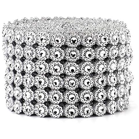 Bestenrose Rhinestone Flower Diamond Mesh Wrap Roll Faux Crystal Rhinestone Ribbon for Wedding Birthday Decorations Arts Crafts 6 Rows 10 Yard/Roll (Silver) Cover
