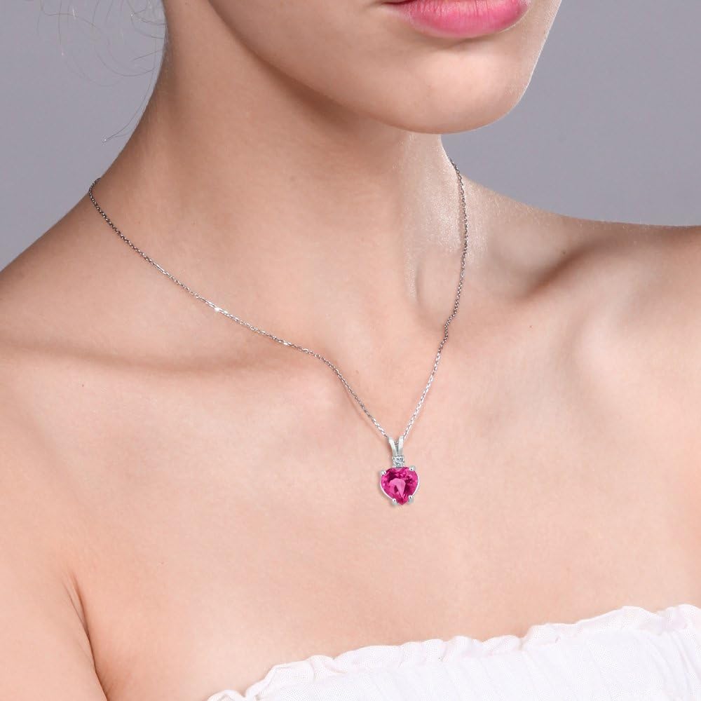 Gem Stone King 14K White Gold Heart Shape Pink Created Sapphire and White Topaz Pendant Necklace For Women (2.50 Cttw, Gemstone Birthstone, with 18 Inch Chain) - Image 2
