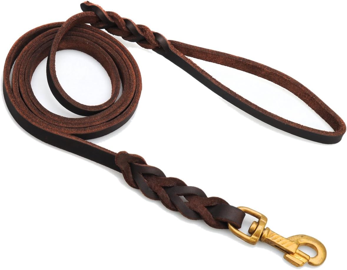 BIENNA Dog Leash, Heavy Duty Long Brown Genuine Leather Braided Training and Walking Lead Rope for Small Medium and Large Dogs Pet [No…
