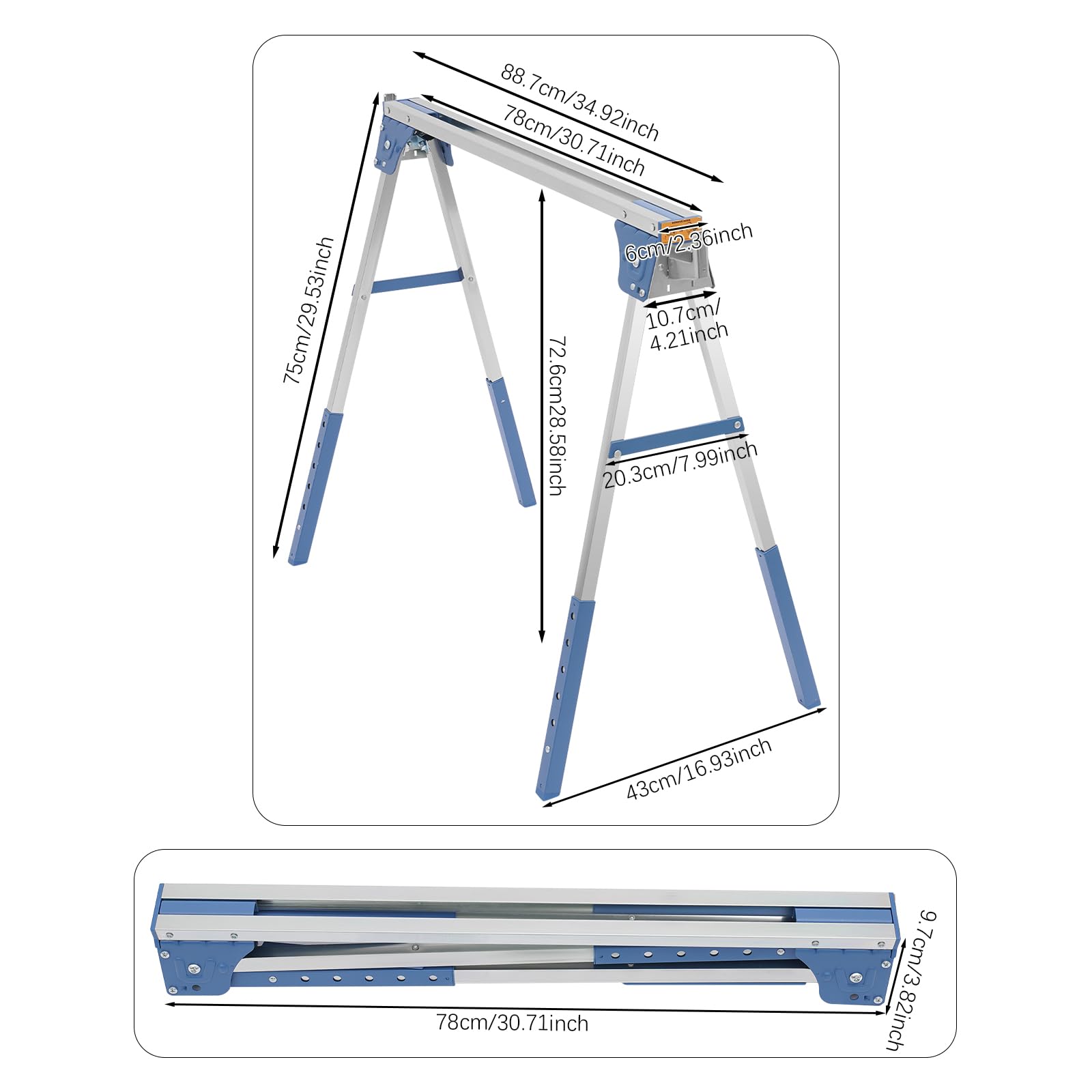 Set di 2 cavalletti pieghevoli da lavoro, portata 1200 kg, blu | MIit - 4 ganci, regolabili in altezza a 6 livelli, robusti ganci pieghevoli in acciaio al carbonio, ideali per lavoro