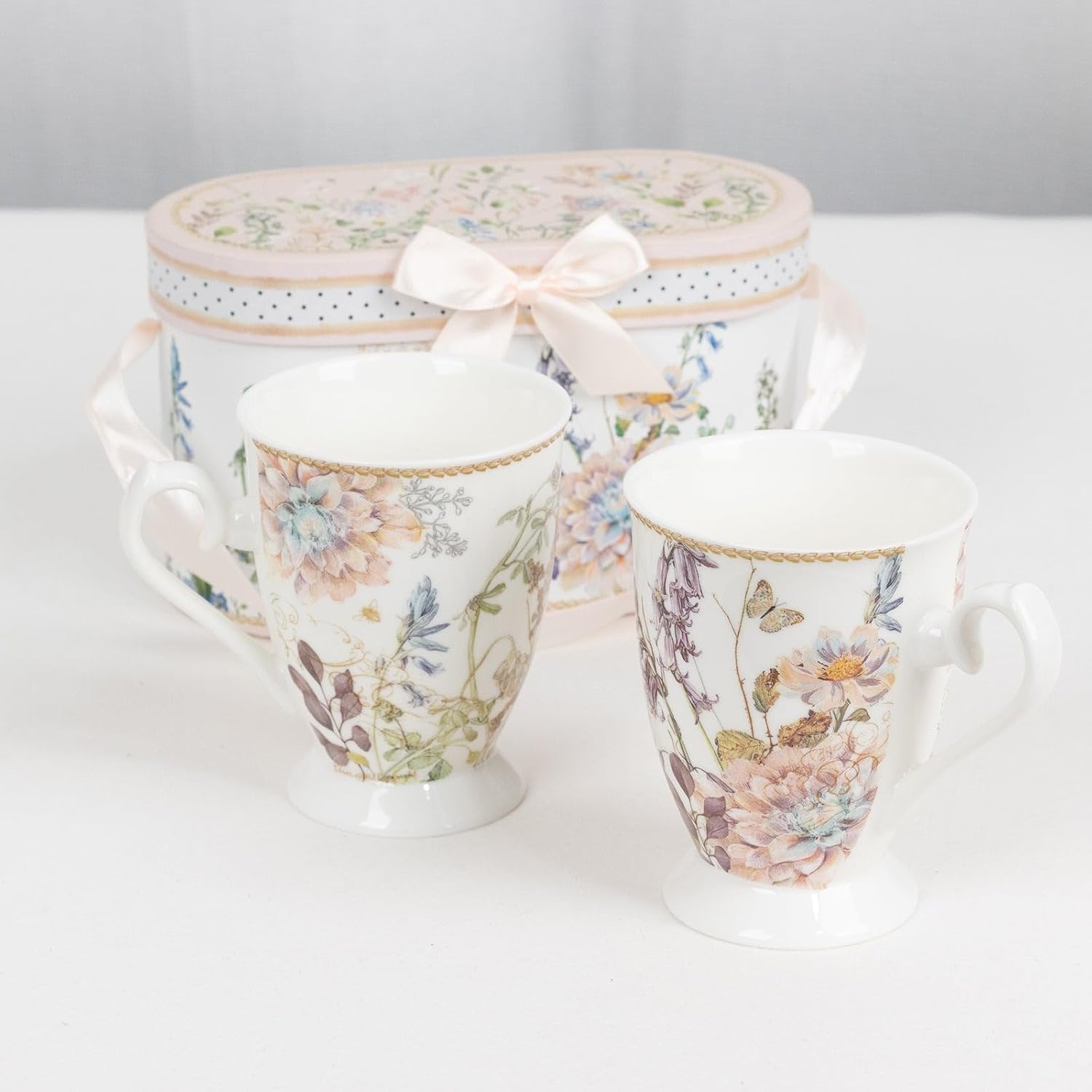 Balsa Circle 2 Blush Porcelain Coffee Cups with Gift Box and Ribbon Handle - Wedding Party Decorations Supplies