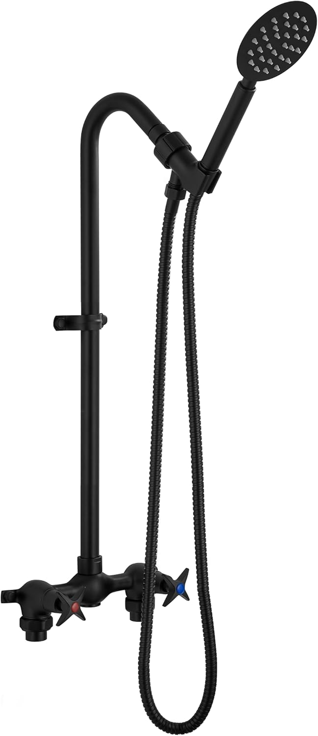 Aolemi Outdoor Shower Kit,Outdoor Shower Fixtures Faucet System,Double Handle Exposed Shower with Brass Mix Valve,6" Center,with HandheldShower,Matte Black with HandheldShower Matte Black