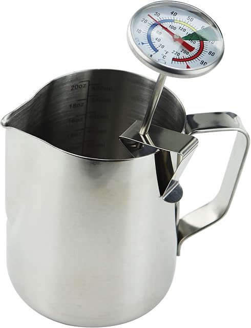 Milk Thermometer and 600ml Milk Frother Jug for Perfect Barista Style Coffee Making Great for Frothy Latte Cappuccino