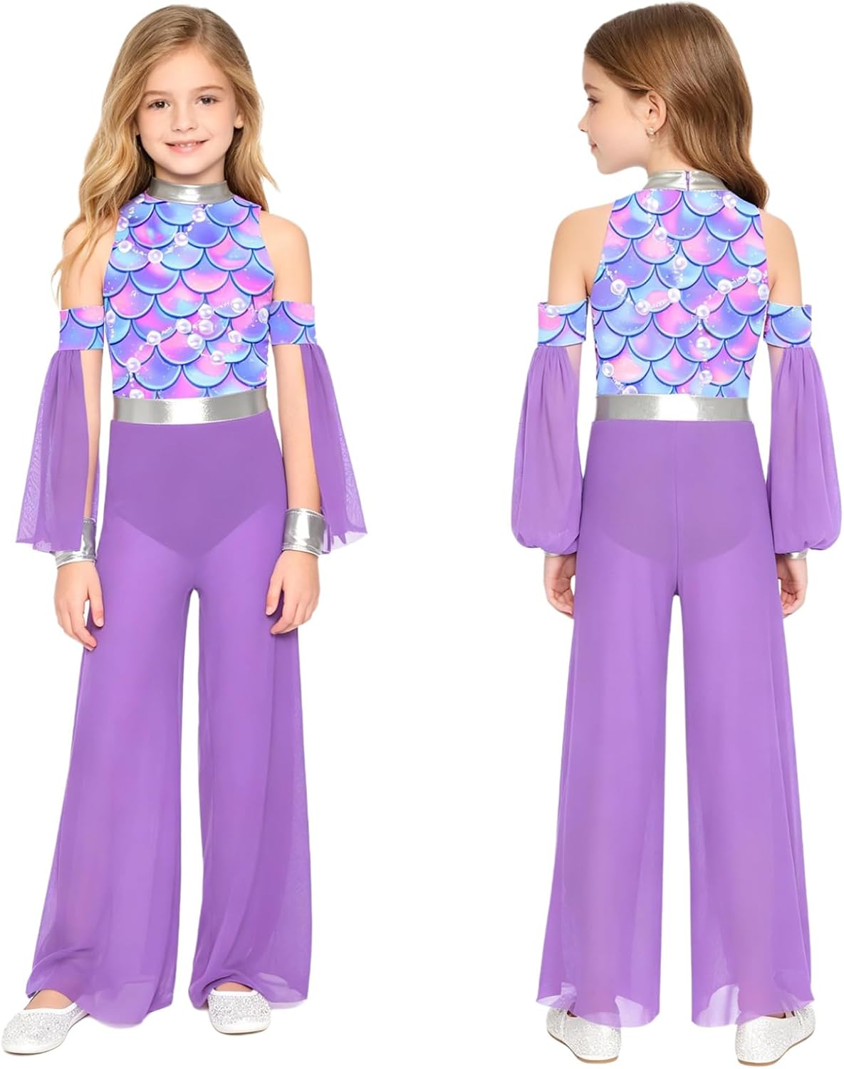 Choomomo Girls Halter Dance Unitard Shiny Sleeveless Jumpsuit with Oversleeves Cavegirl Fancy Outfit