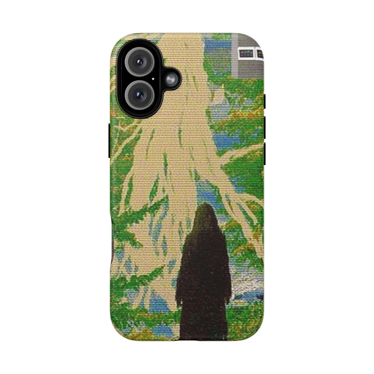 Coque iPhone 16 Plus verte rigide mate arbre forêt figurine à capuche