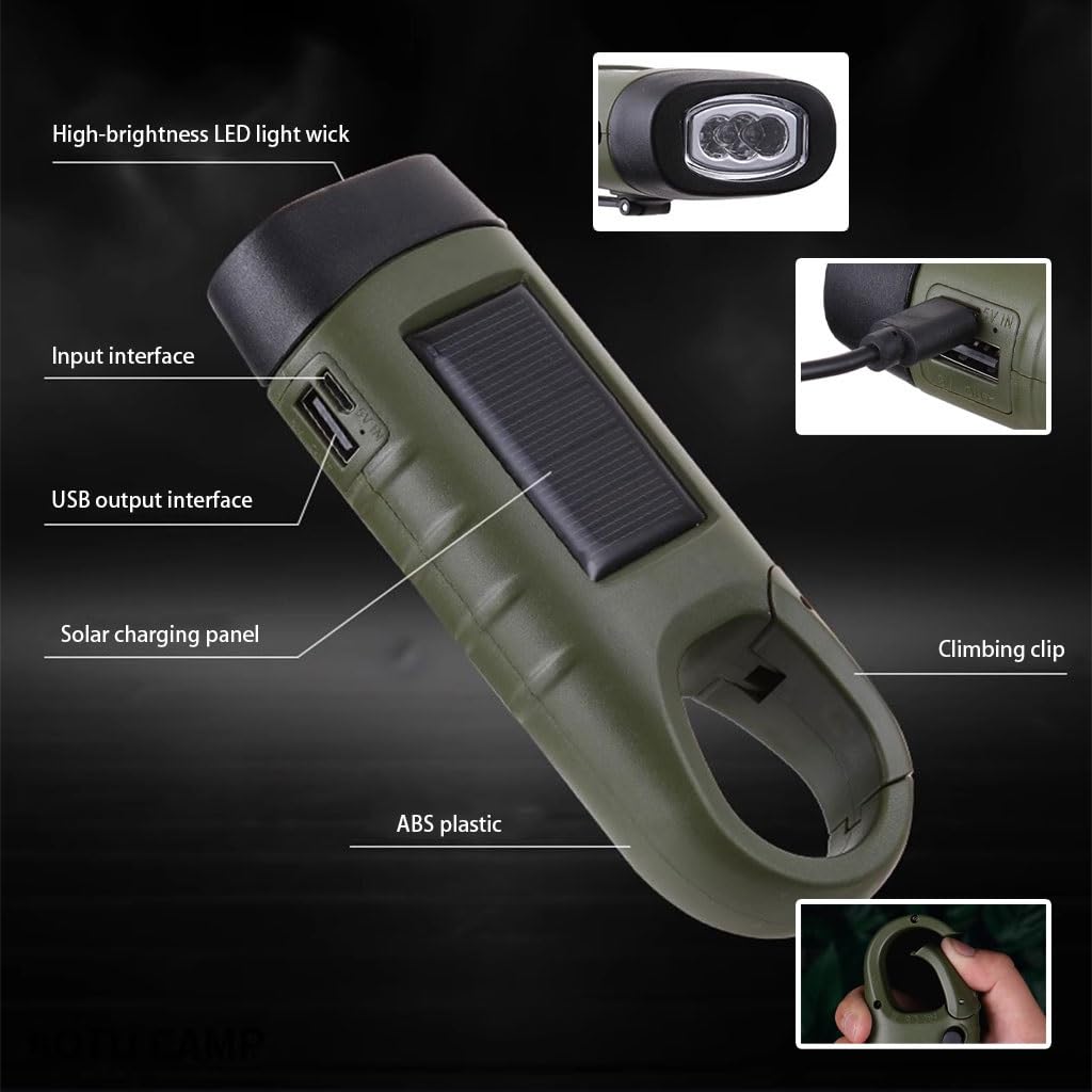Torcia ad Energia Manuale Torcia elettrica a manovella alimentata ad energia Solare, Piccola Torcia elettrica Portatile a Dinamo, per attività all'aperto, Sport, Escursionismo(Army Green,14.5cm*2)