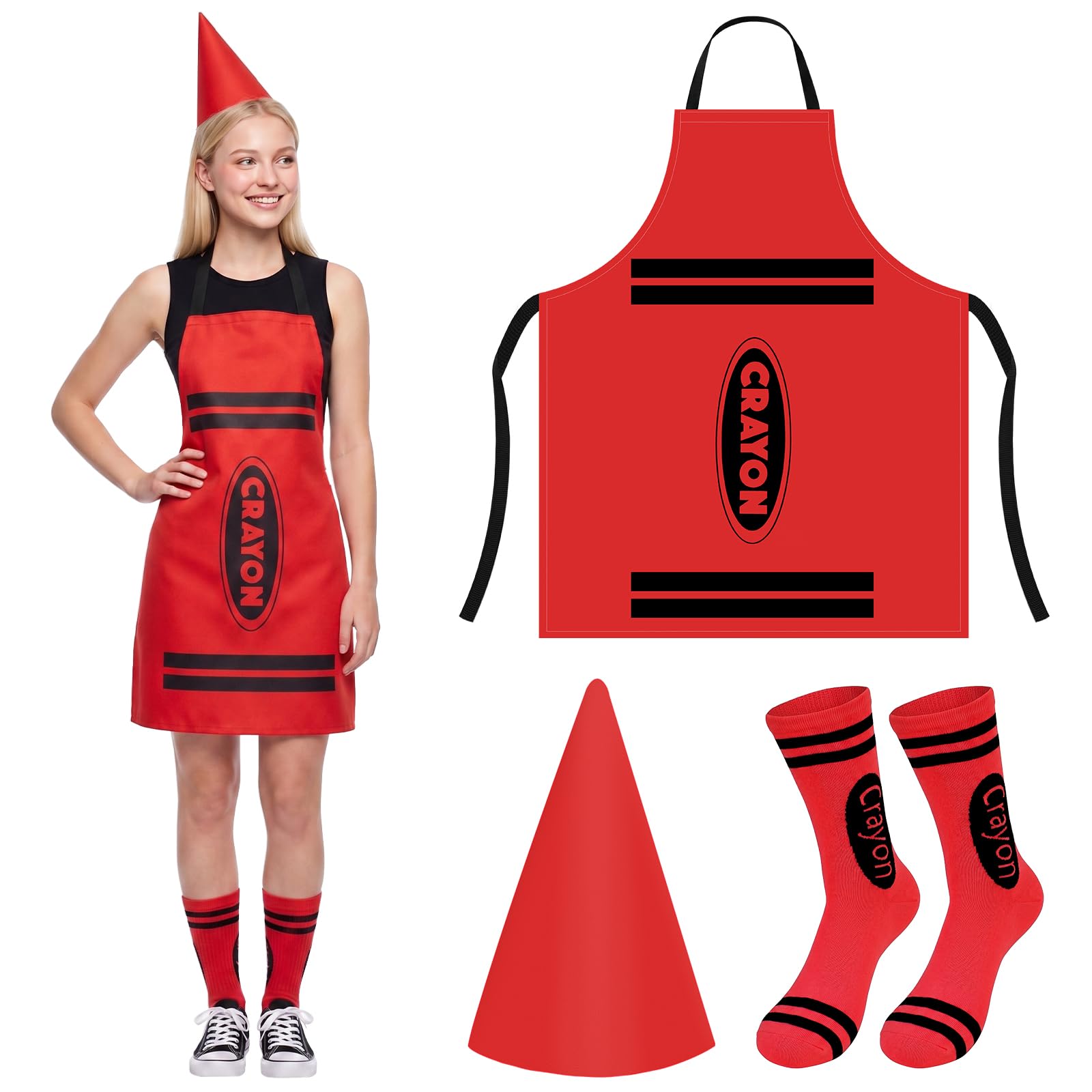 AOOWU Crayon Costume Adult, 3Pcs Red Crayon Costume Set, Colorful Crayon Fancy Dress with Crayon Apron, Hat & Socks, Unisex World Book Day Costumes, Halloween Party, Christmas Group Cosplay Outfits