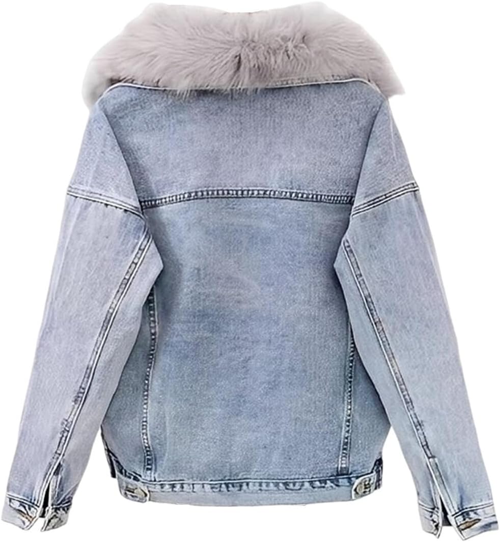 Women’s Denim Jacket Thickened Distressed Coat with Faux Fur Collar Warm Fleece Lined Parka Casual Winter Outerwear - Image 4
