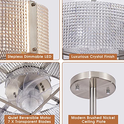 Zhizenl Ceiling Fans With Lights, Crystal Modern Flush Mount Ceiling Fan With Remote Control, Dimmable Led 6 Wind Speeds Low Profile Caged Ceiling Fan With Light For Bedroom Living Room #TOP2