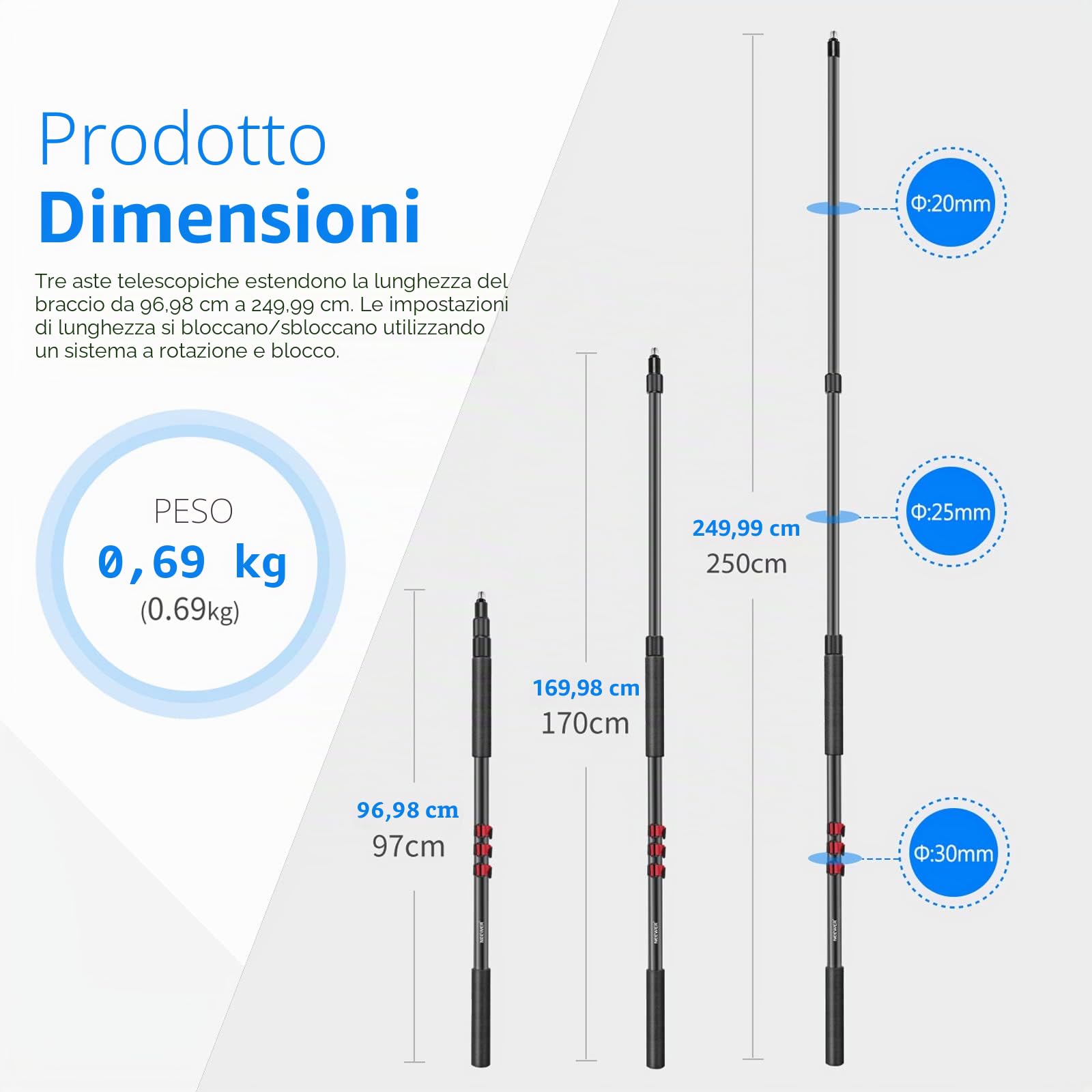 Neewer NW-7000 Braccio per Microfono 3 Sezioni Estensibile Portatile con Filettature da 1/4" a 3/8" Lunghezza Regolabile da 0,94m a 2,5m