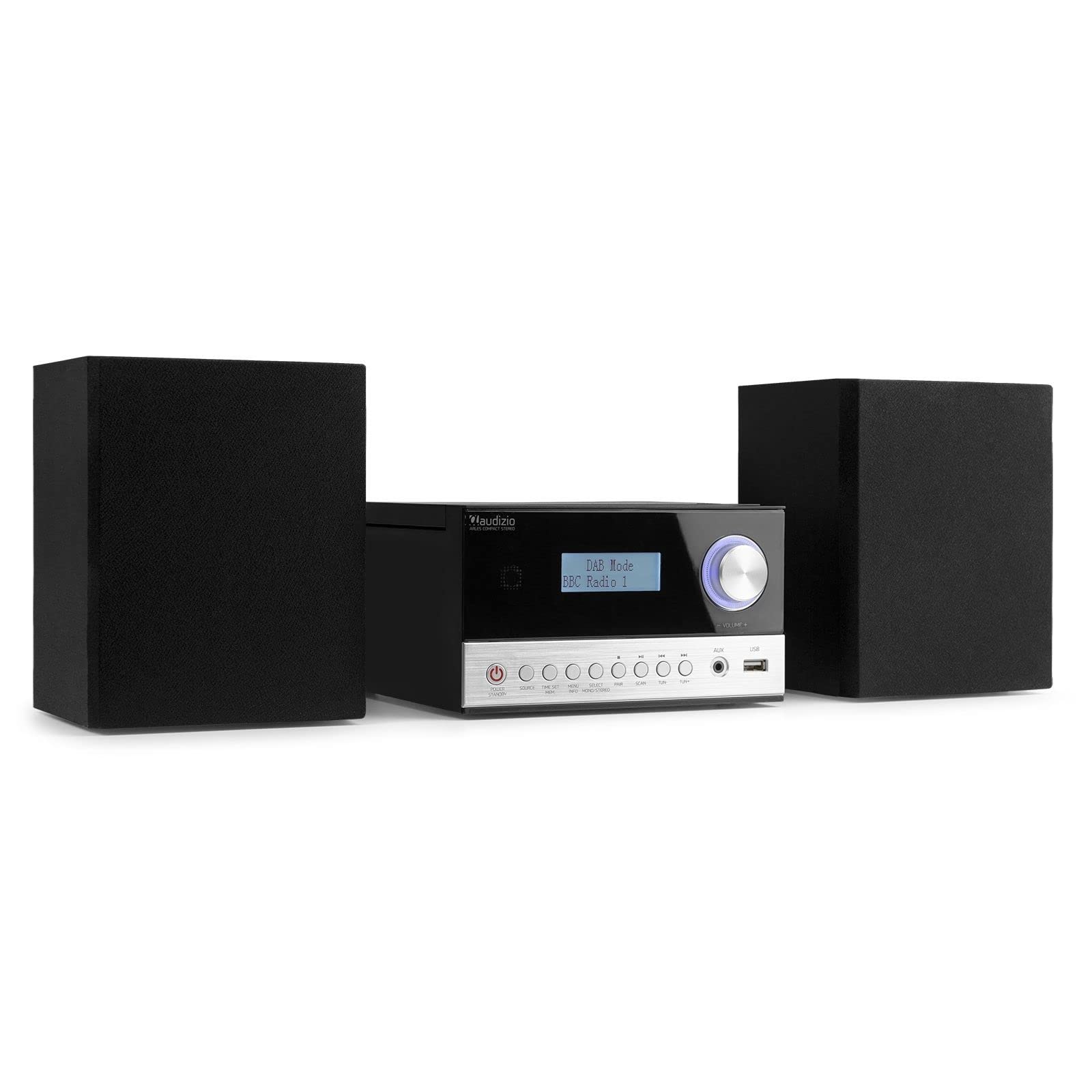 Audizio Arles HiFi Stereo System - Bluetooth Bookshelf Stereo with DAB+ Digital Radio, FM Tuner, USB MP3 Playback, CD Player, Alarm Clock & Remote Control, Black/Silver finish