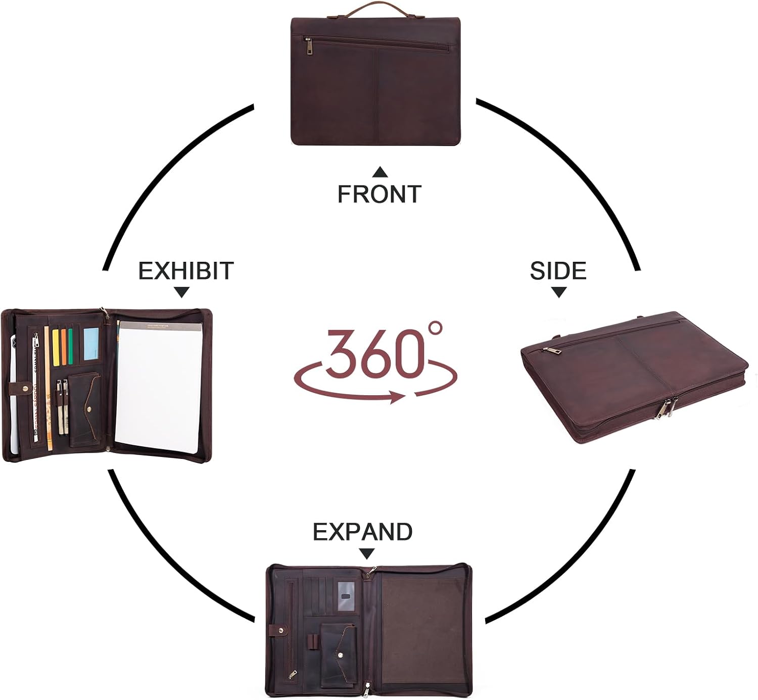 Calfinder Leather Portfolio Organizer for Men, Genuine Leather Padfolio with Handle, Business Resume Zippered Portfolio with Legal Notepad Holder, Padfolio for 13.3" iPad & MacBook, Darkbrown