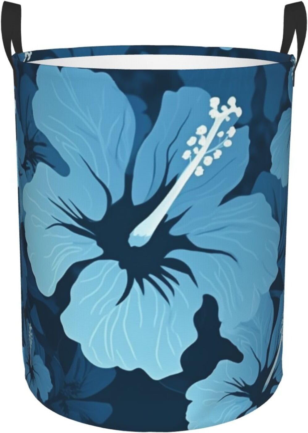 Blue hibiscus print Circular Hamper Waterproof Storage Bin Organizer Basket Laundry Hamper With Handles For Clothes Toys Medium