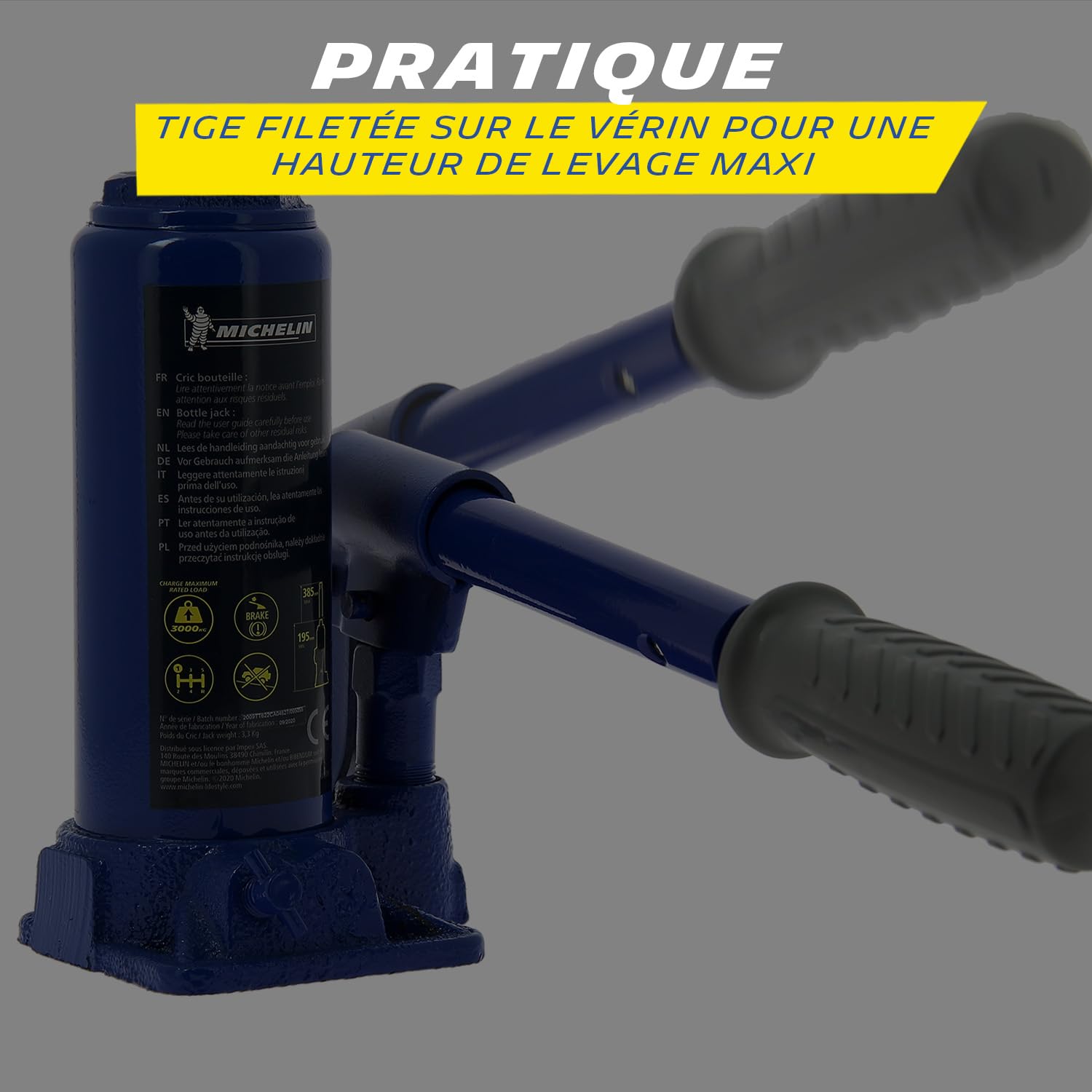 MICHELIN 009559 Cric hydraulique Bouteille 3T - Levage 195-385mm - Tige filetée réglable - Poignée Confort - Compact et Robuste pour Voitures, SUV, 4x4