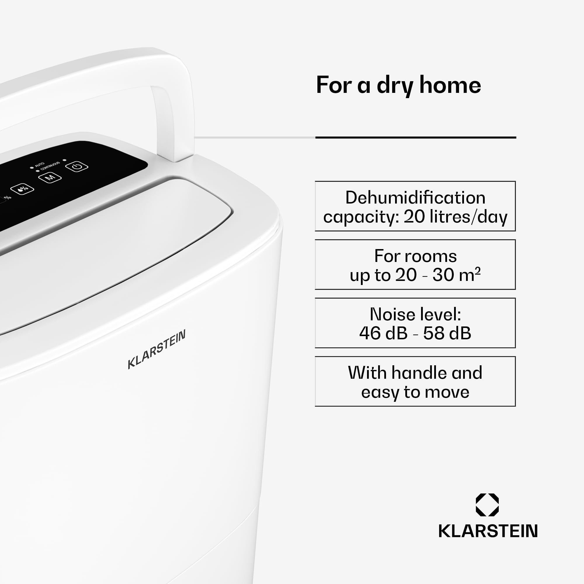 Osuszacz powietrza Klarstein DryFy 20L - 400 W, 20 l/dzień, zbiornik 5 l, poziom hałasu 46 dB, automatyczne osuszanie, tryb suszenia prania, timer, do domu, sypialni, biały