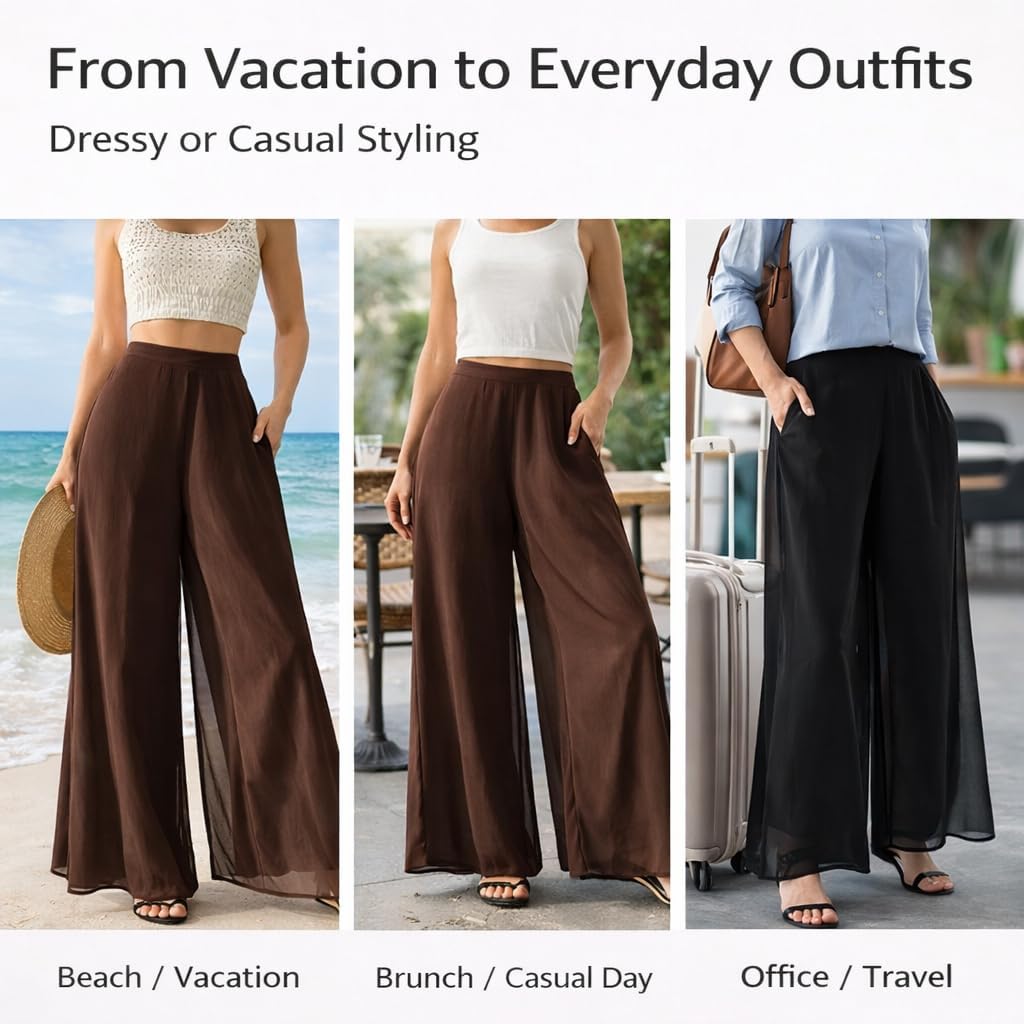 Chiffon Pants for Women,Women’s Chiffon Palazzo Pants,High Waisted Wide Leg Flowy Dress Pants with Pockets - Image 6
