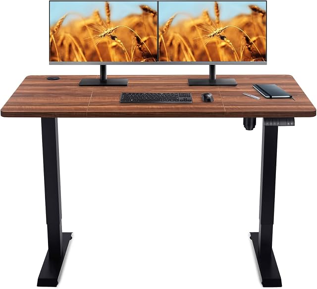 Devoko Standing Desk Sit Stand Desk 140x70 cm Height Adjustable Standing Desk with Wood Desktop Heavy Duty Steel Stand Up Desk Automatic 4-Memory Smart Keyboard(Black Frame + Walnut Desktop)