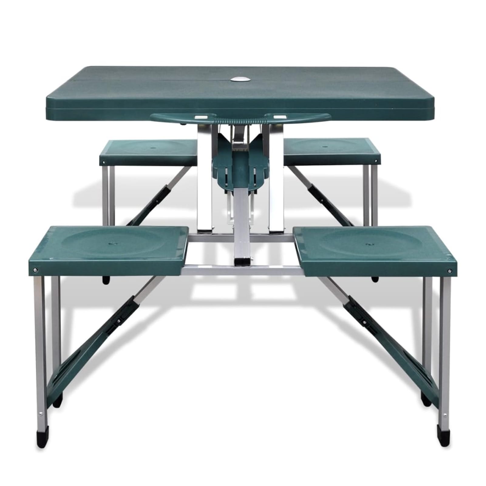 Camping Tisch und 4 Hocker Set, Klappbarer Picknicktisch mit Tragegriff, Grün, Stahlgestell + PP Tischplatte + Aluminiumbeine, 85,5 x 65 x 67 cm, für Camping, Picknick, Garten, Terrasse 41456