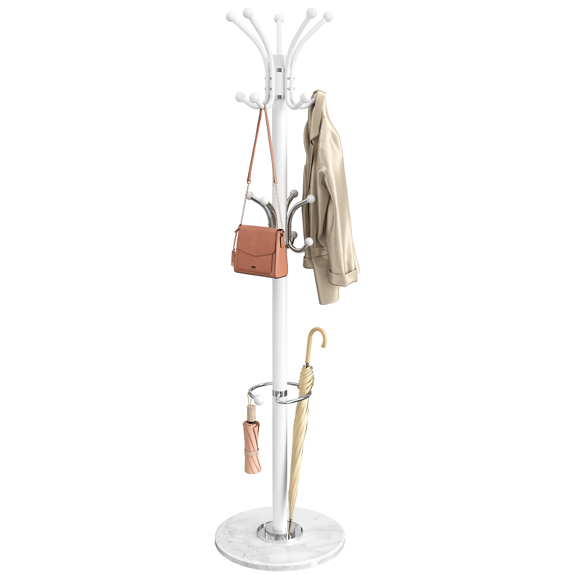 SONGMICS Coat Rack with Umbrella Stand, Marble Base, Freestanding Hat and Coat Stand, 18 Hooks, Rotating Top, 38 x 38 x 178 cm, Matte White, for Hallway, Alan Collection RCR091WC01