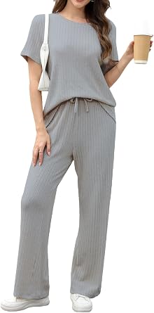 Lanliun Womens 2 Piece Lounge Set - Soft Short Sleeve Pajama Set with Pockets Comfortable Sleepwear Loungewear for Women