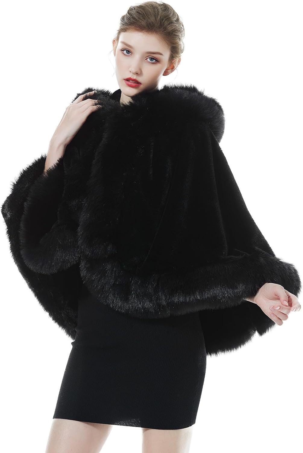 Women Faux Fur Shawls Wraps Bridal Fur Stoles Cloak Coat Fur Trimmed Cape Poncho for Party Wedding Bridal - Image 4