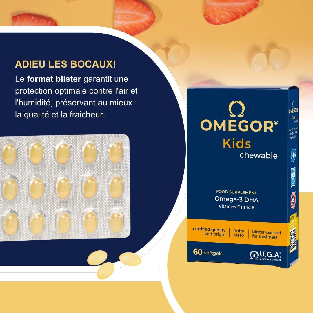 Gélules Omegor Kids | 250 mg d'oméga-3 DHA pour les enfants | Gélules molles exquises à croquer, créées à partir de gélatine de poisson | Goût sucré - Saveur délicate multifruits, 60 gélules