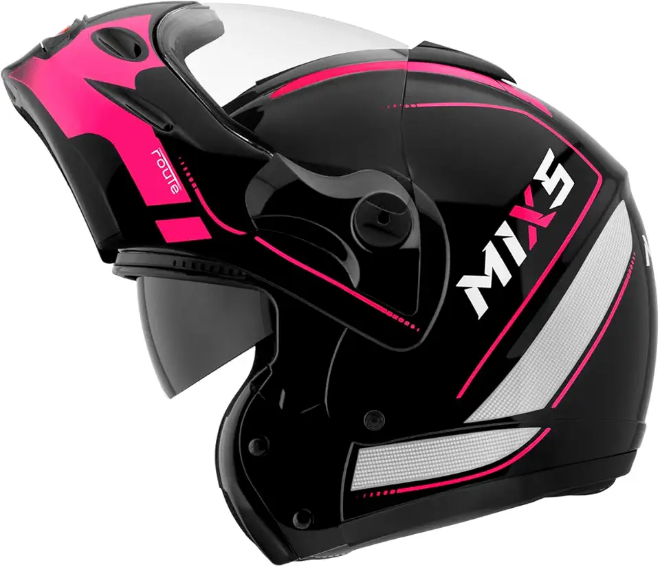 Capacete de Moto Mixs MX Captiva Route Brilhante Com Viseira Interna Solar Óculos de Sol Articulado Escamoteável Robocop Cinza Com Rosa