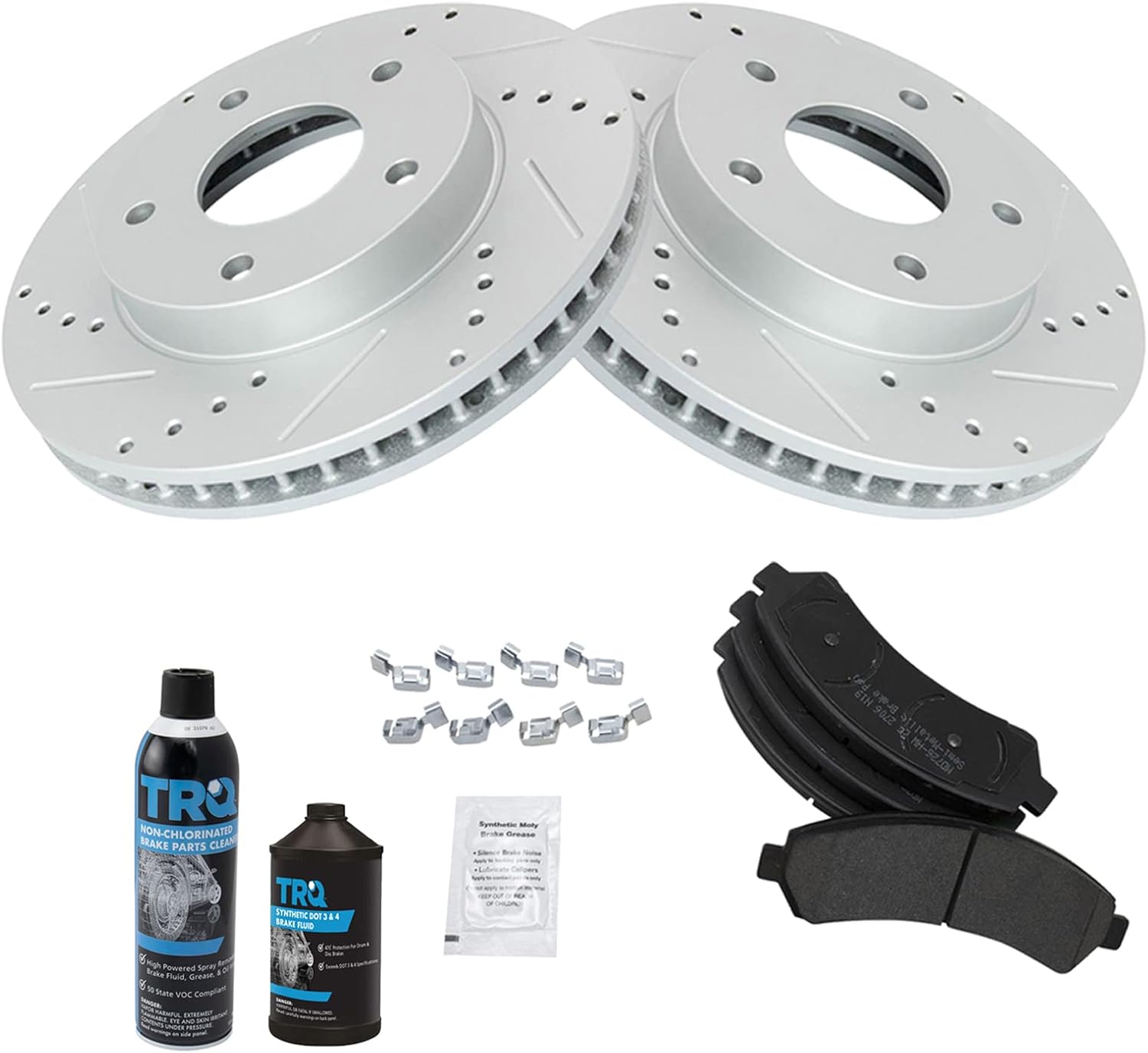 TRQ Front Brake Pad & Rotor Kit Semi-Metallic Performance Premium G-Coated Slotted X Drilled Compatible with 97-05 Blazer 97-01 Bravada 98-00 Hombre Jimmy 98-04 S10 Sonoma