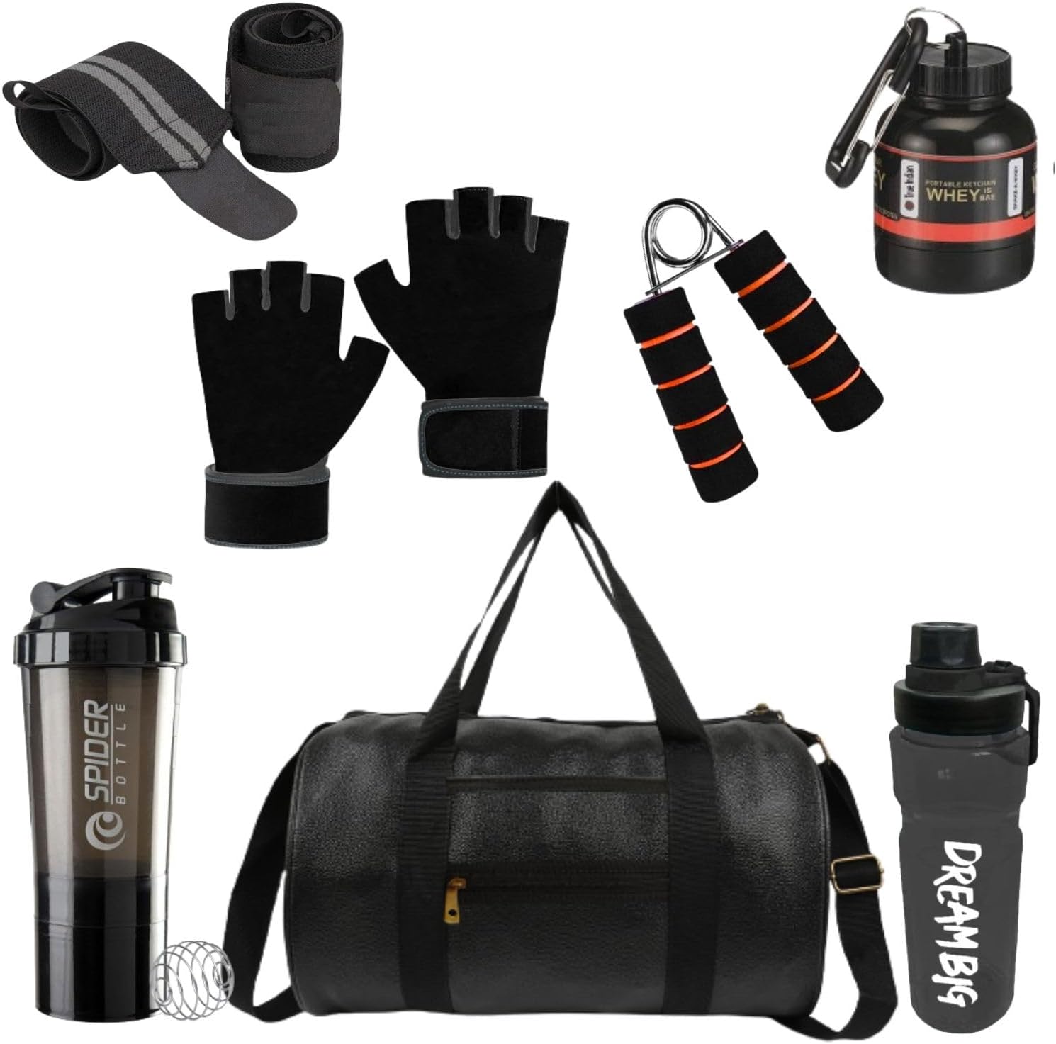 TRUE INDIANGym Bag Combo for Men ll Gym Bag Bottle Gym & Fitness Kit (Pack of 7, Black Pack of 7)
