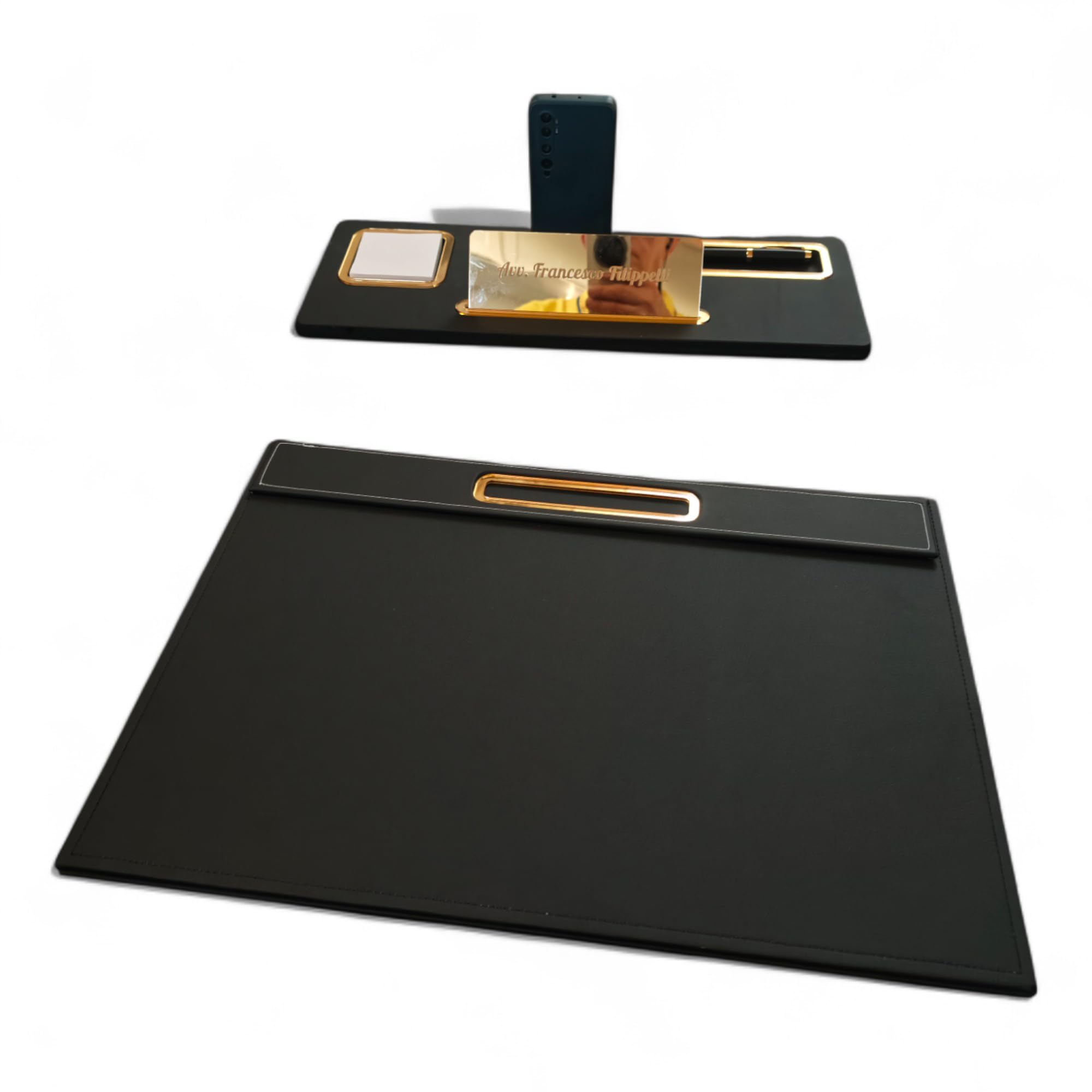 Oggettando Set Scrivania in eco pelle PU Nera, 5in1 Organizer con Supporto smartphone, Porta Penne, Porta bigliett, Portacarte ades, Cavaliere pers, Sottomano per Ufficio, Casa (ACR. ORO)