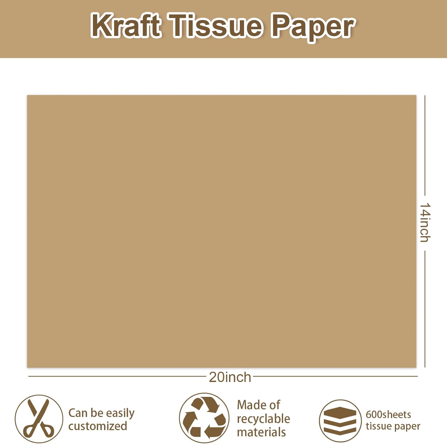 JarThenaAMCS 600 Sheets Kraft Tissue Paper Brown Gift Wrapping Paper Solid Color Decorative Art Tissue for Flowers Bouquet Packing DIY Crafts Wedding Birthday Party Home Decor, 14 x 20 Inch