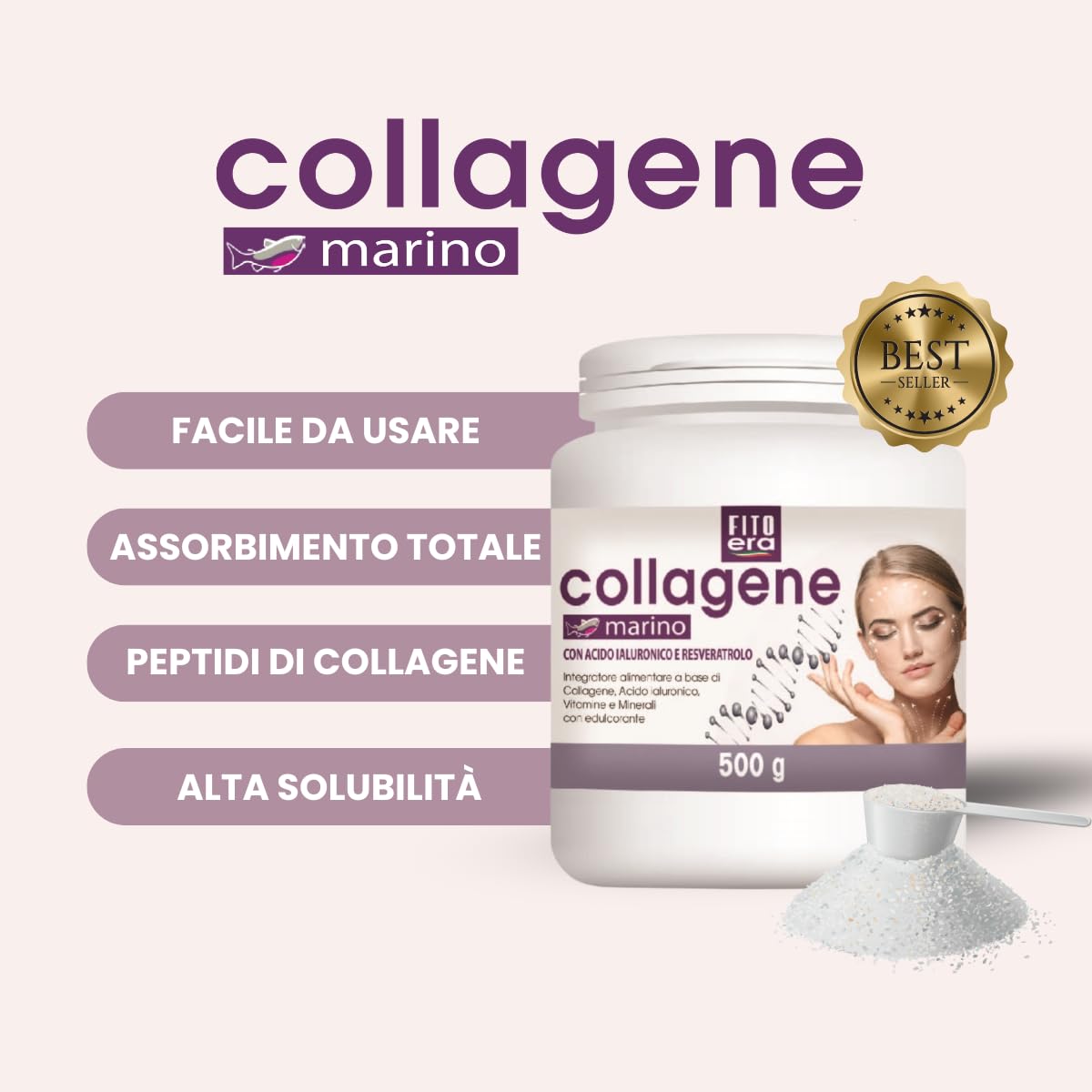 FITOERA Collagene Marino in Polvere 500g – Con Acido Ialuronico, Biotina, Vitamina C, E, Zinco e Resveratrolo – Per Pelle, Capelli e Unghie – Alta Solubilità – Made in Italy