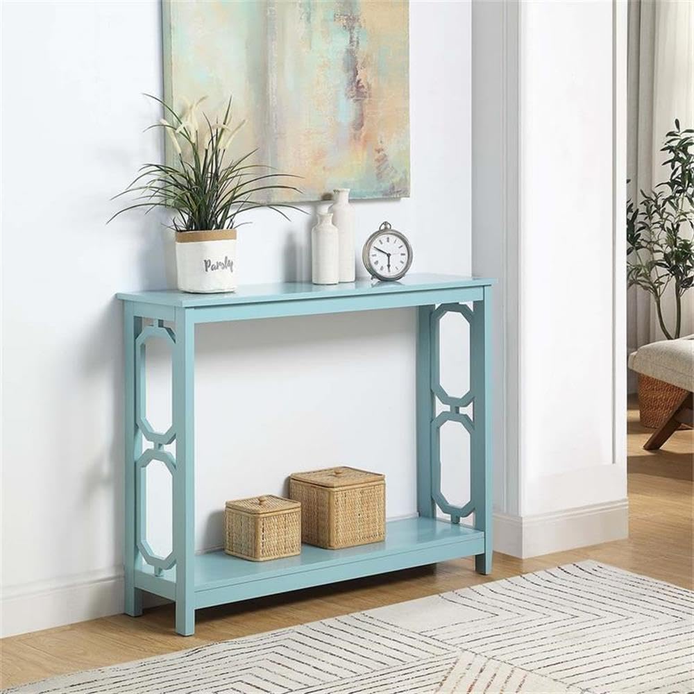 Pemberly Row Contemporary Console Table, Seafoam Green Wood Finish, MDF and Particleboard, 39.5 x 12 x 31.5 in, Two-Tier Shelving, Octagonal Design, Entryway, Home Office or Living Room Use