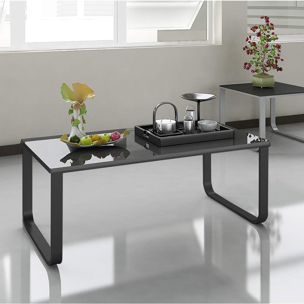 OFCASA Coffee Table with Storage Metal Frame Legs Black Glass End Side