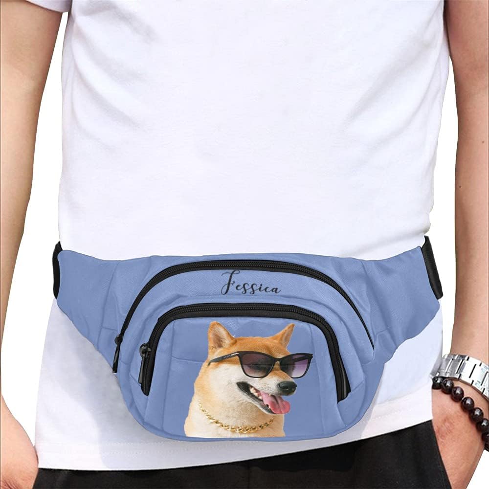 Personalized Fanny Bag for Women Men with Photo Name, Customized Picture Fashion Waist Bag Water Resistant Hip Bum Bag with Adjustable Belt for Travel Hiking Cycling Running (blue)