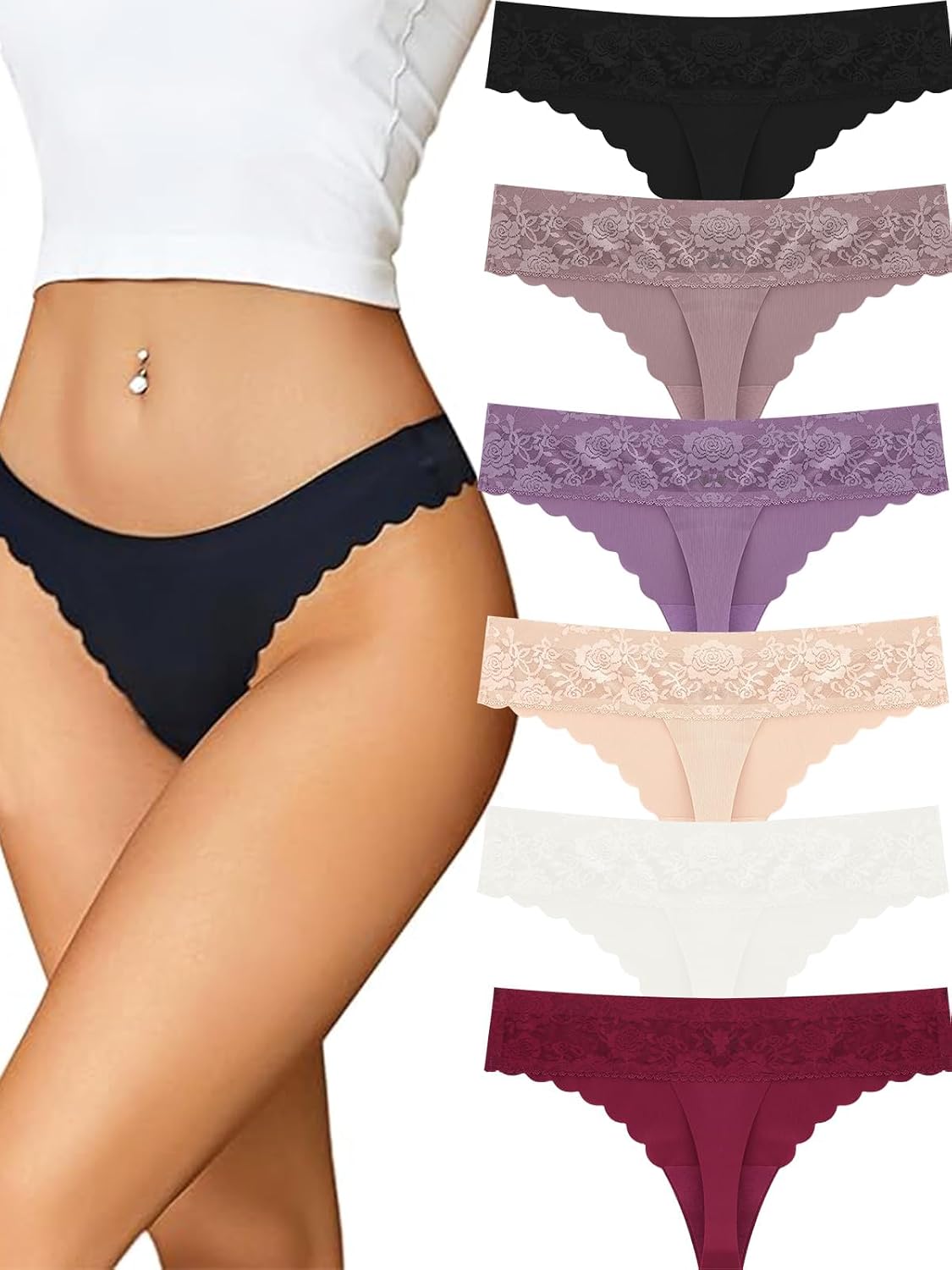 ALL OF ME String Thong Women's Seamless Thong Sexy Lace Briefs Seamless Underwear Lace Underpants Women Comfortable Lingerie Multicolored Pack of 6 S-XL