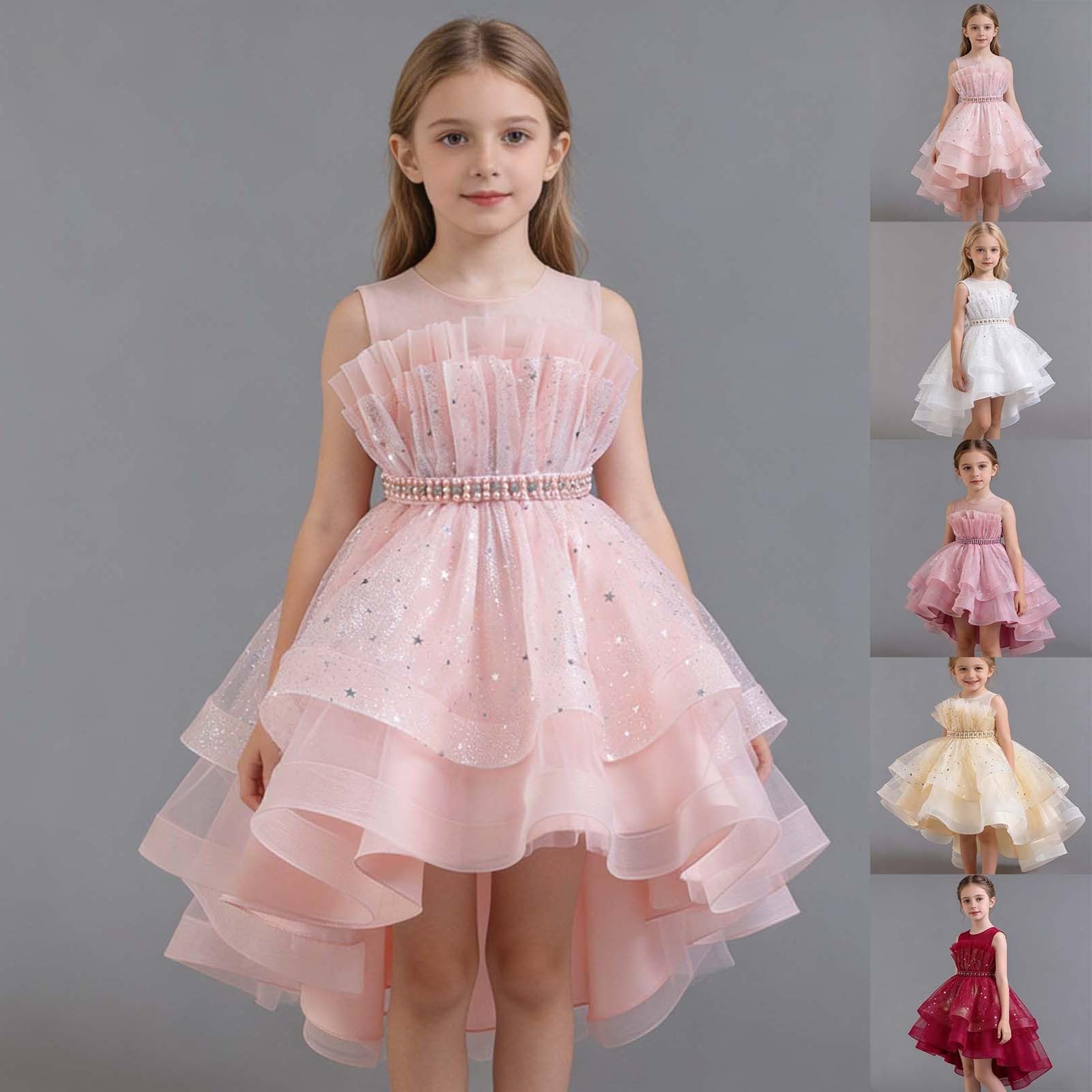 Vestito festivo da ragazza principessa in tulle Vokuhila taglio con stelle glitter e perline cintura senza maniche abito da ragazza floreale per matrimonio festa comunione