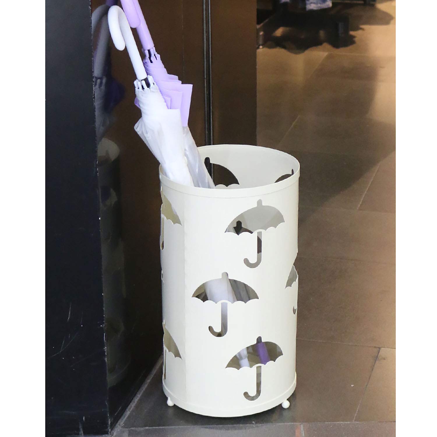 Porte-parapluie en métal avec design creux circulaire étanche et antirouille pour parapluies, cannes de marche, décoration blanche élégante