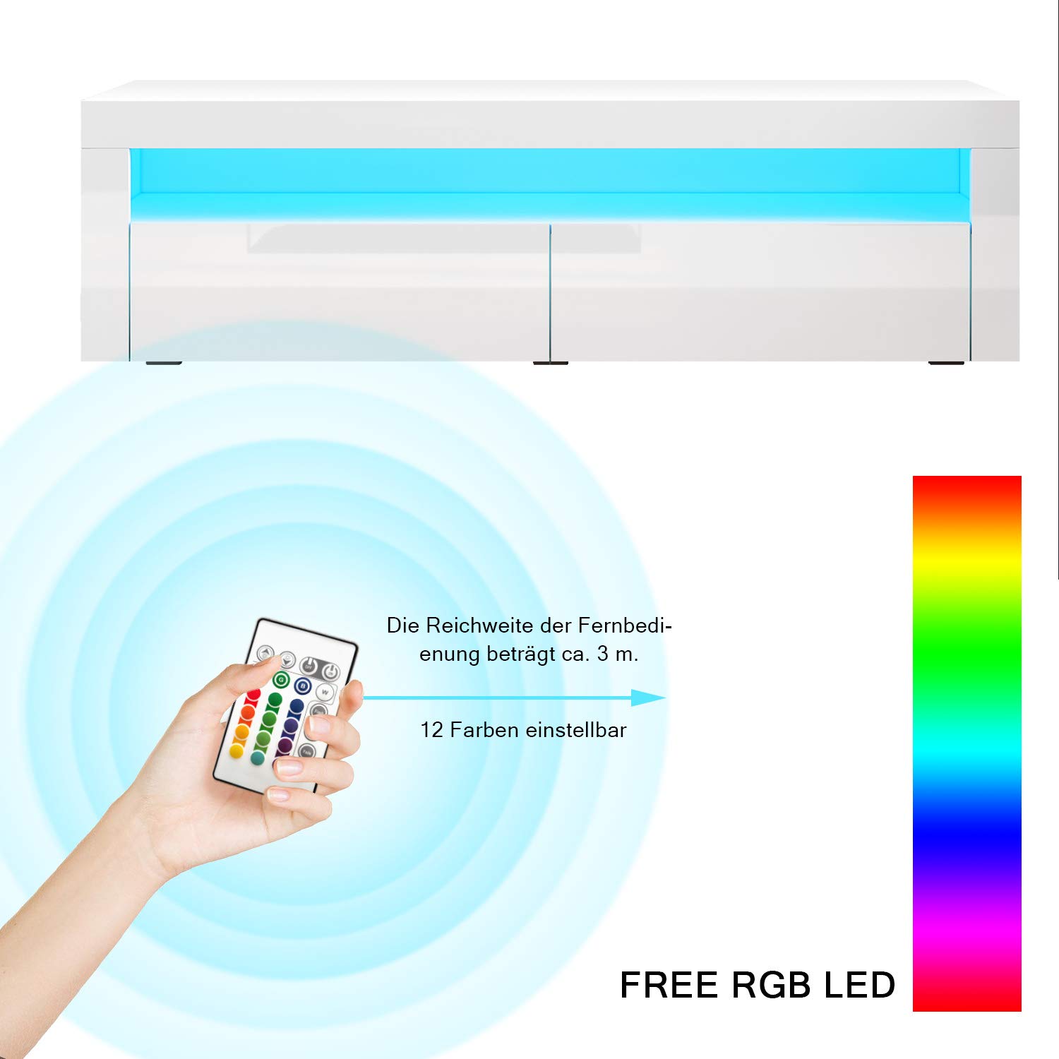SONNI TV-Schrank mit LED (16 Farben), 2 Türen, Hochglanz Weiß, 155x40x45cm | Lowboard für Fernseher bis zu 60 Zoll, TV Board mit Großer Stauraum, TV-Regal für Wohnzimmer, Esszimmer, Schlafzimmer