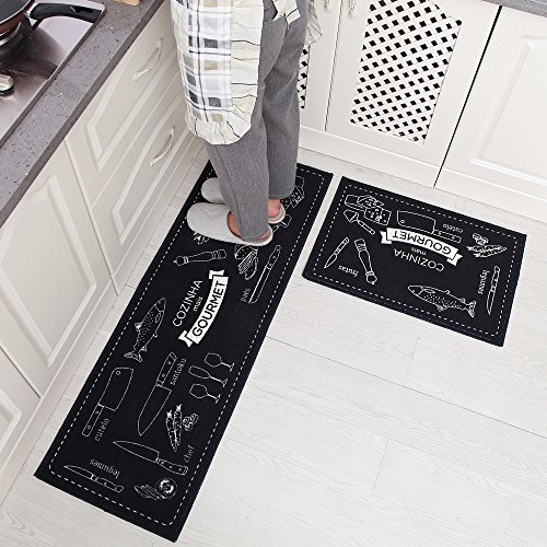 Carvapet Non-Slip Kitchen Mat Set Rubber Backing Doormat Runner Rug Set, Cozinha Design (Navy Blue 15